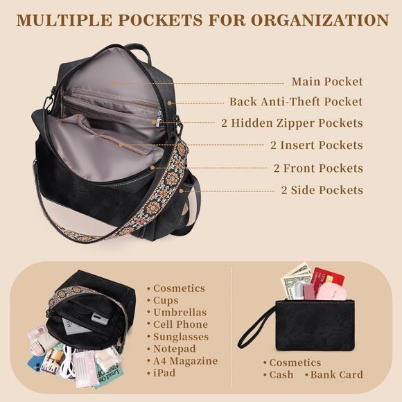 3169 Backpack Purse , PU Leather Backpack Purse, Waterproof Anti-Theft Back